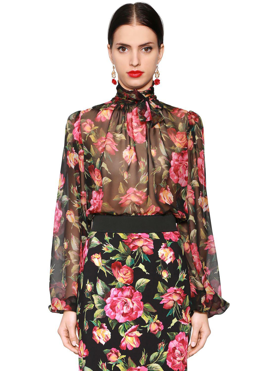 Dolce And Gabbana Floral Print Sheer Silk Chiffon Blouse In Blackpink Pink Lyst 5744