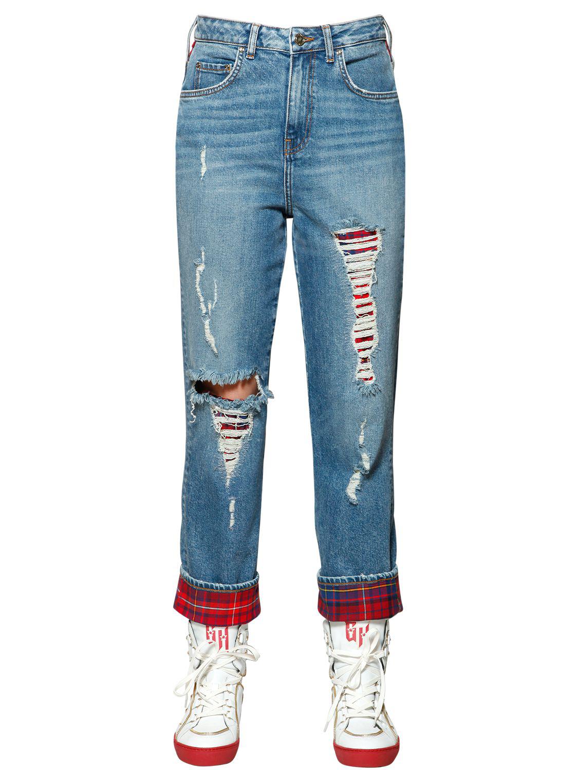 Tommy Hilfiger Plaid & Destroyed Denim Jeans Gigi Hadid in Blue - Lyst