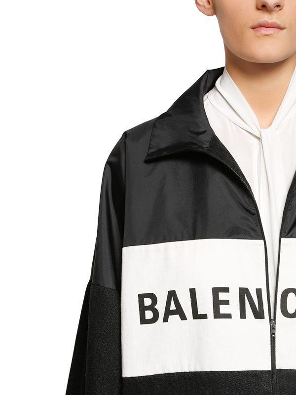 Balenciaga Synthetic Logo Patchwork Nylon & Denim Jacket in Black/White
