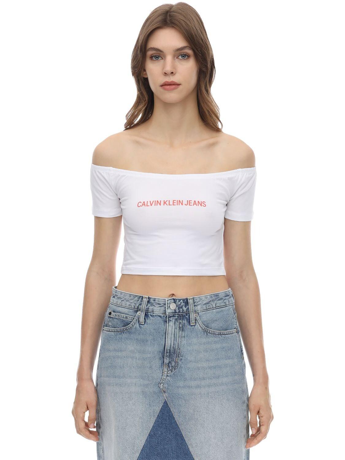 Calvin Klein Logo Offtheshoulder Stretch Cotton Top in White Lyst