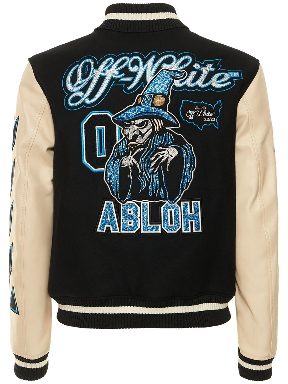 OffWhite c/o Virgil Abloh Crystals Leather Varsity Jacket in Black for