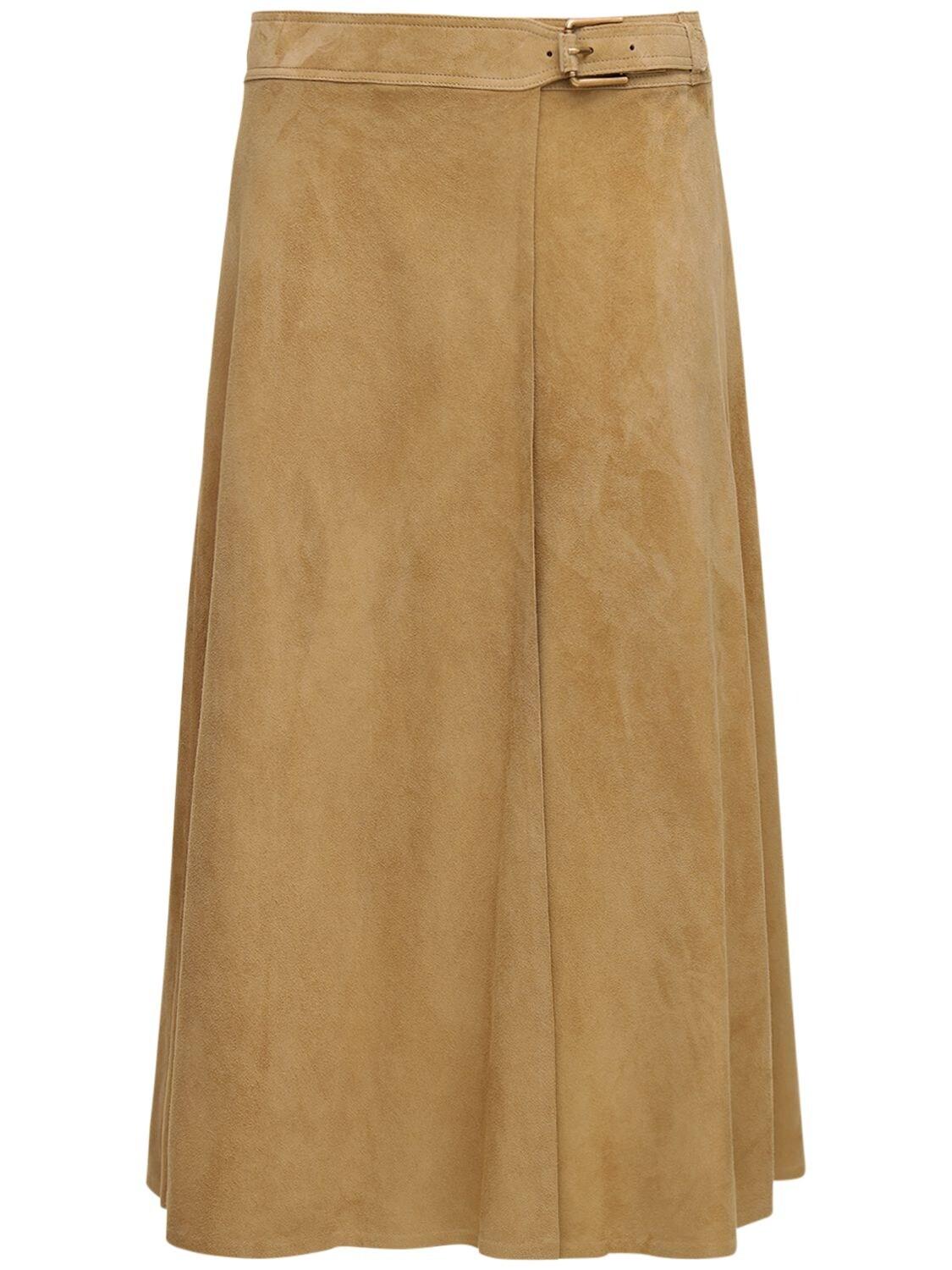 Ralph Lauren Collection Wrap Suede Midi Skirt in Natural | Lyst