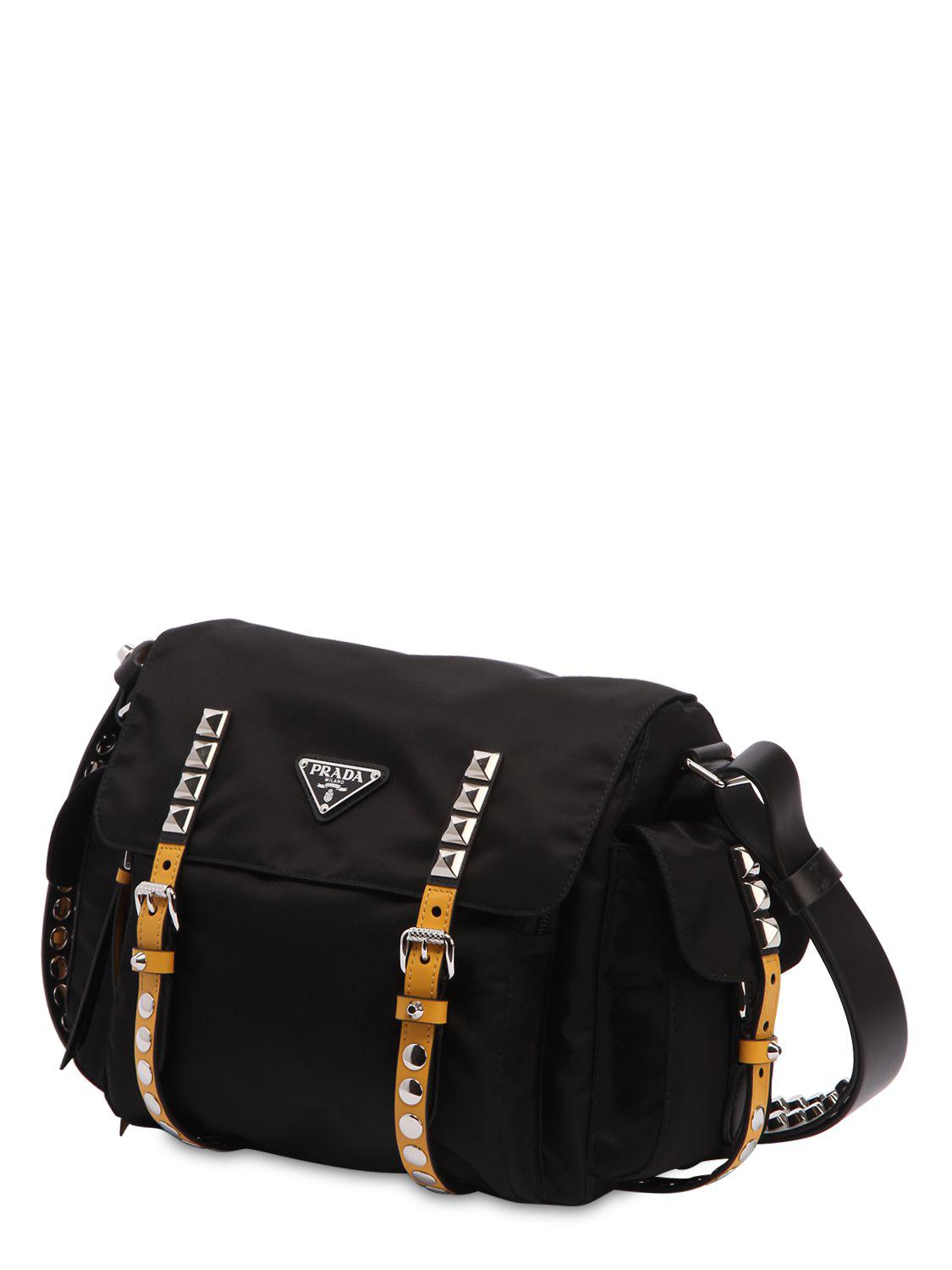Prada Synthetic Studded Nylon Messenger Bag in Black/Yellow (Black) | Lyst