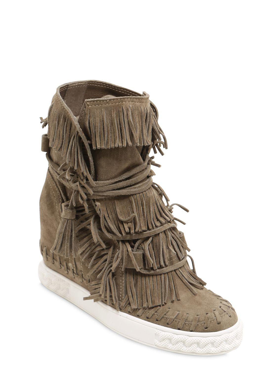Casadei 80mm Fringed Suede Wedge Boots - Lyst