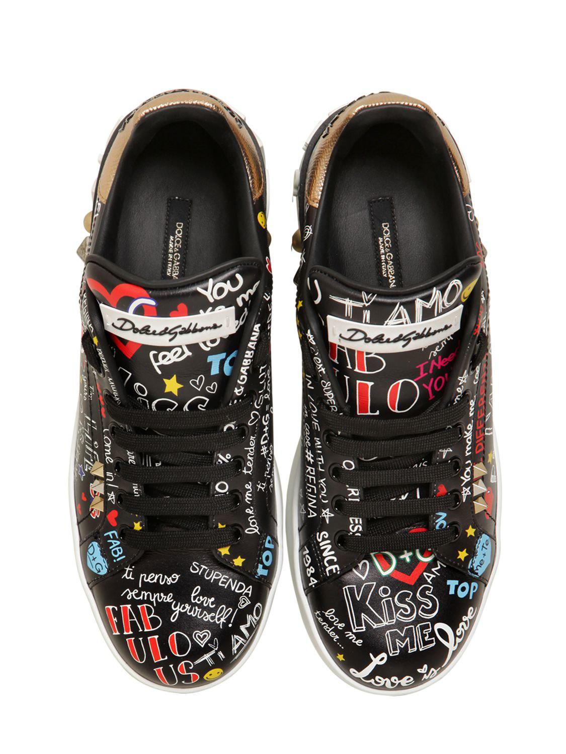 Dolce & Gabbana 20mm Portofino Graffiti Leather Sneakers in Black - Lyst