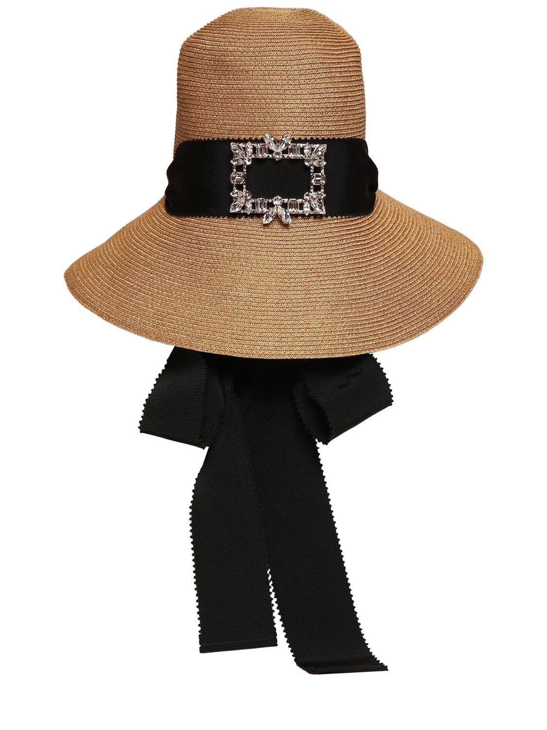 Roger Vivier Rv Brooch Straw Effect Brimmed Hat in Beige/Black 