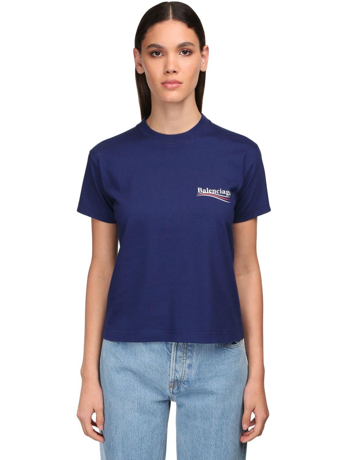 Balenciaga Political Logo Fitted Jersey T-shirt in Blue - Lyst