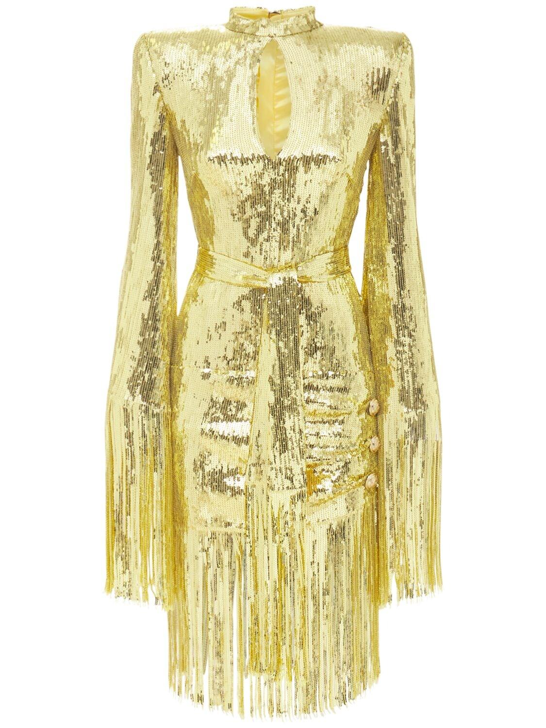 Balmain Sequined Mini Dress W/ Fringes in Gold (Metallic) | Lyst