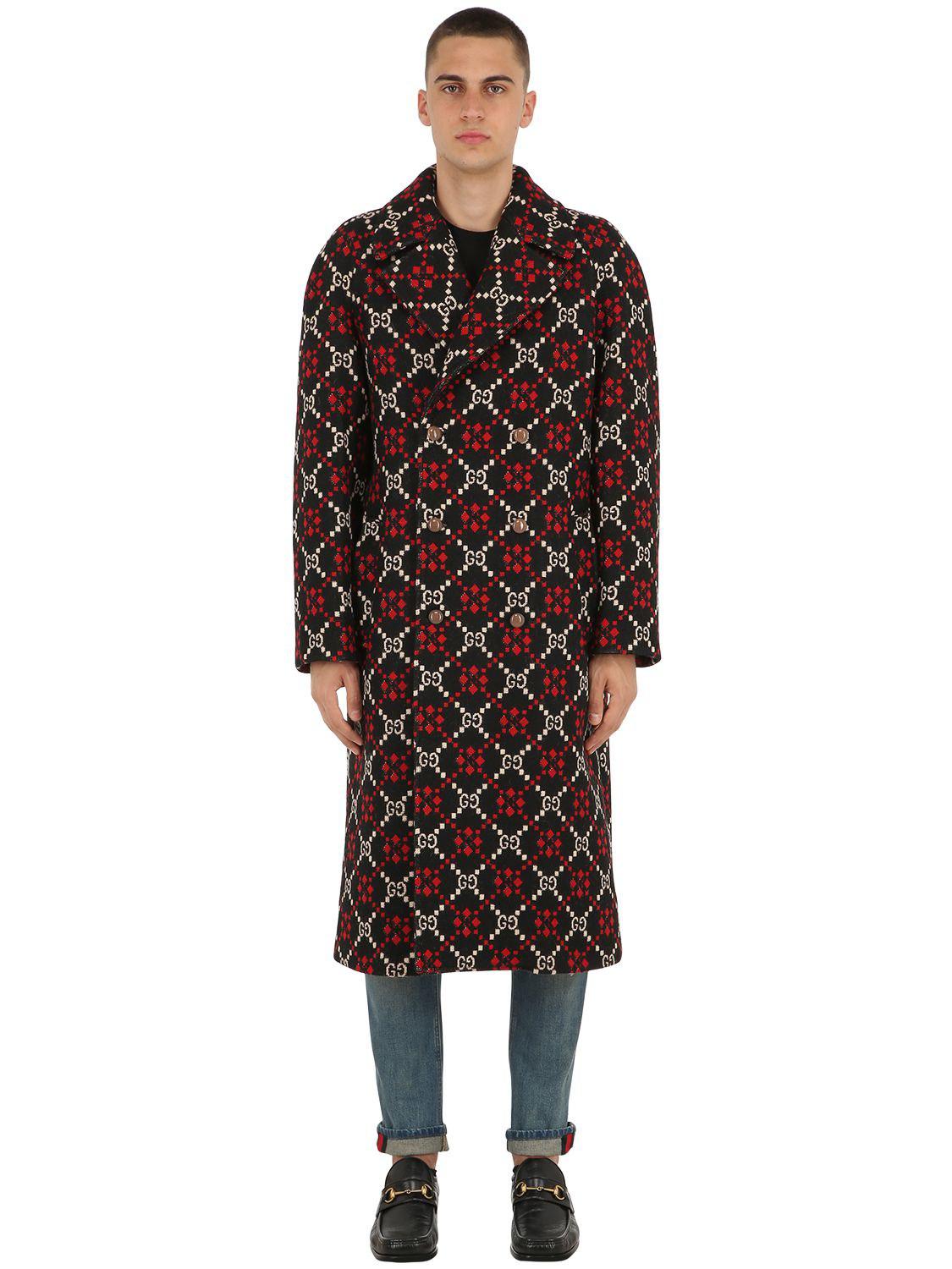 Gucci Wool Black And Red GG Diamond Coat for Men - Lyst