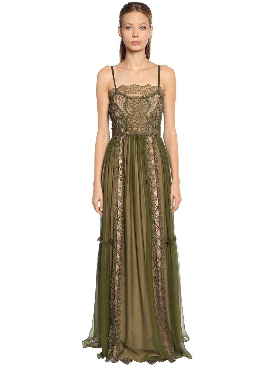 Alberta Ferretti Silk Chiffon & Lace Gown in Green - Lyst
