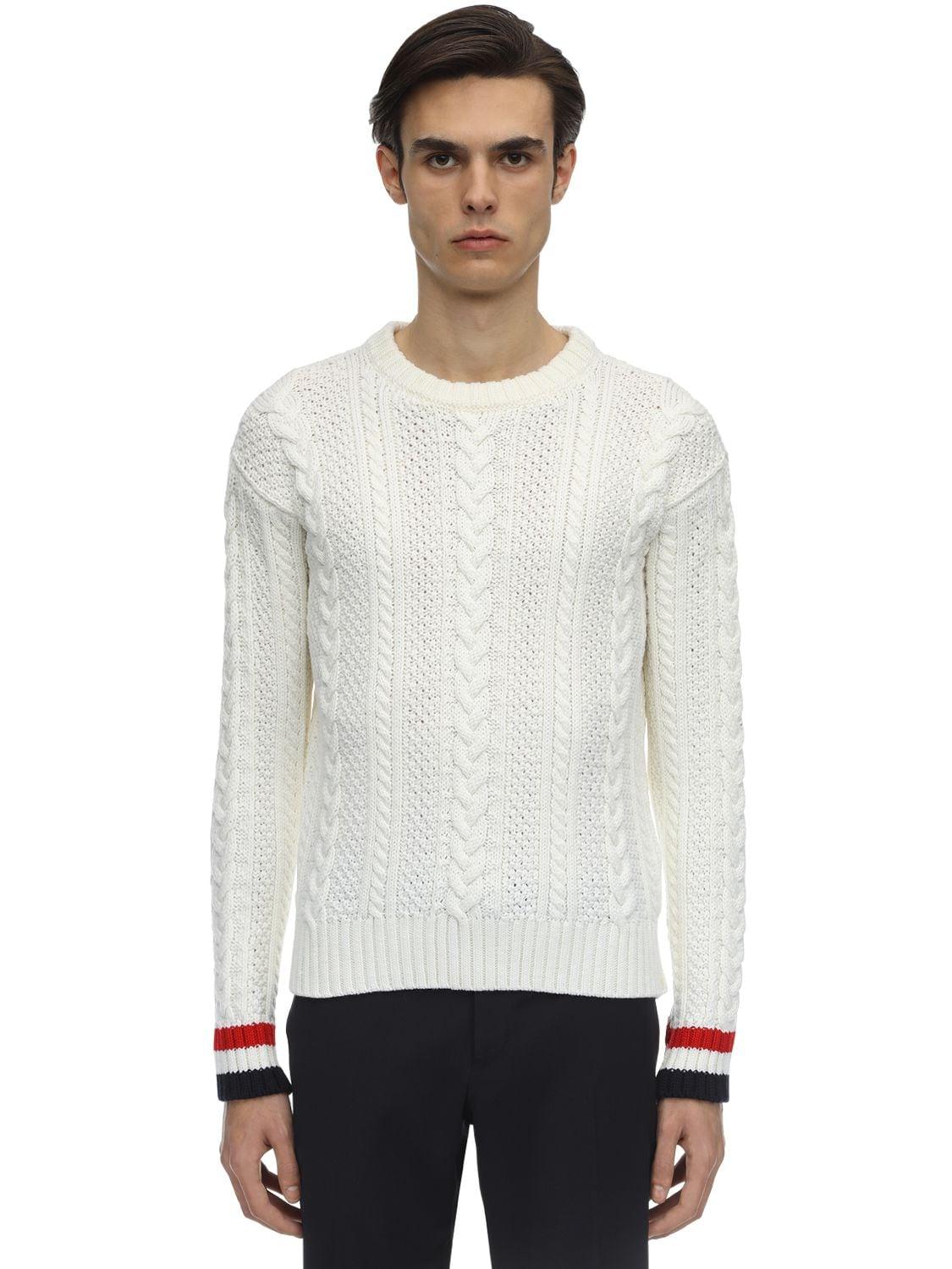 Thom Browne Aran Cable Knit Wool Crewneck Sweater in White for Men ...