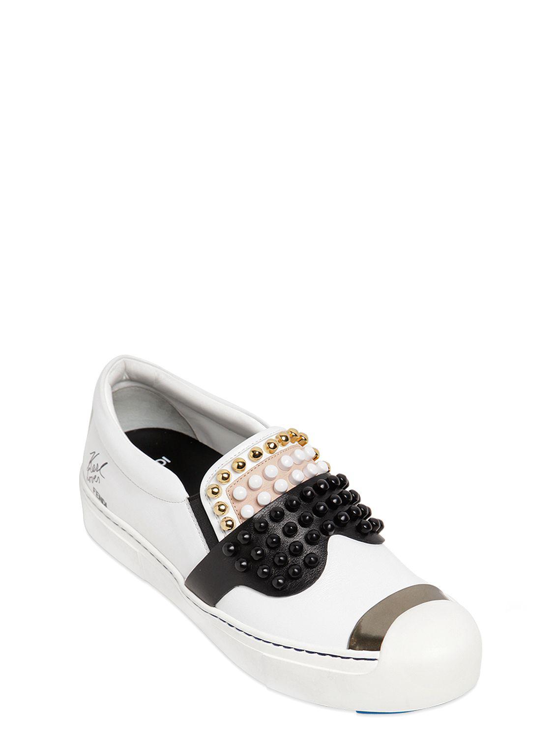 Fendi Karl Studded Leather Slip-on Sneakers in White | Lyst