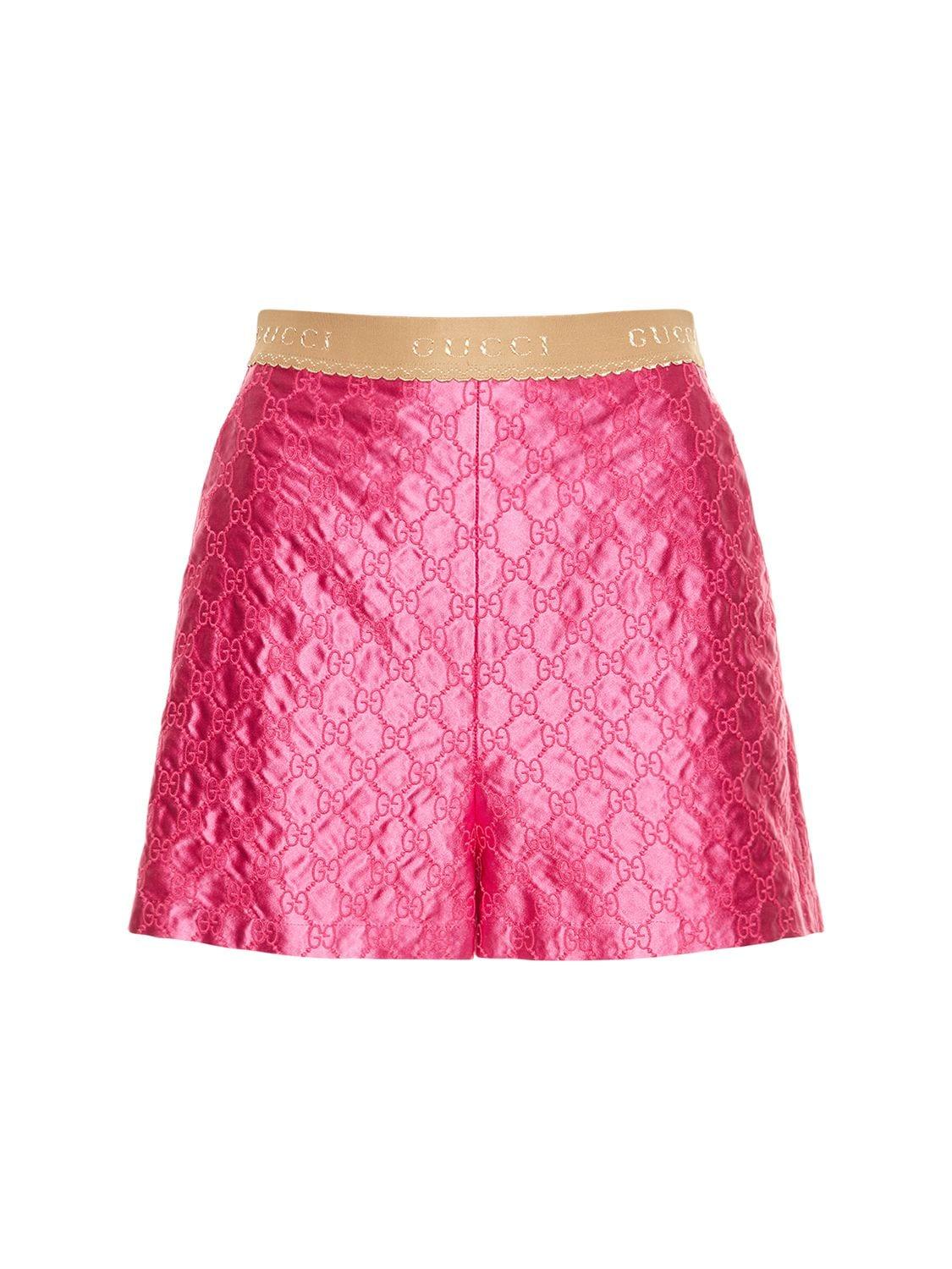 Gucci Gg Embroidered Silk Duchesse Shorts in Pink | Lyst