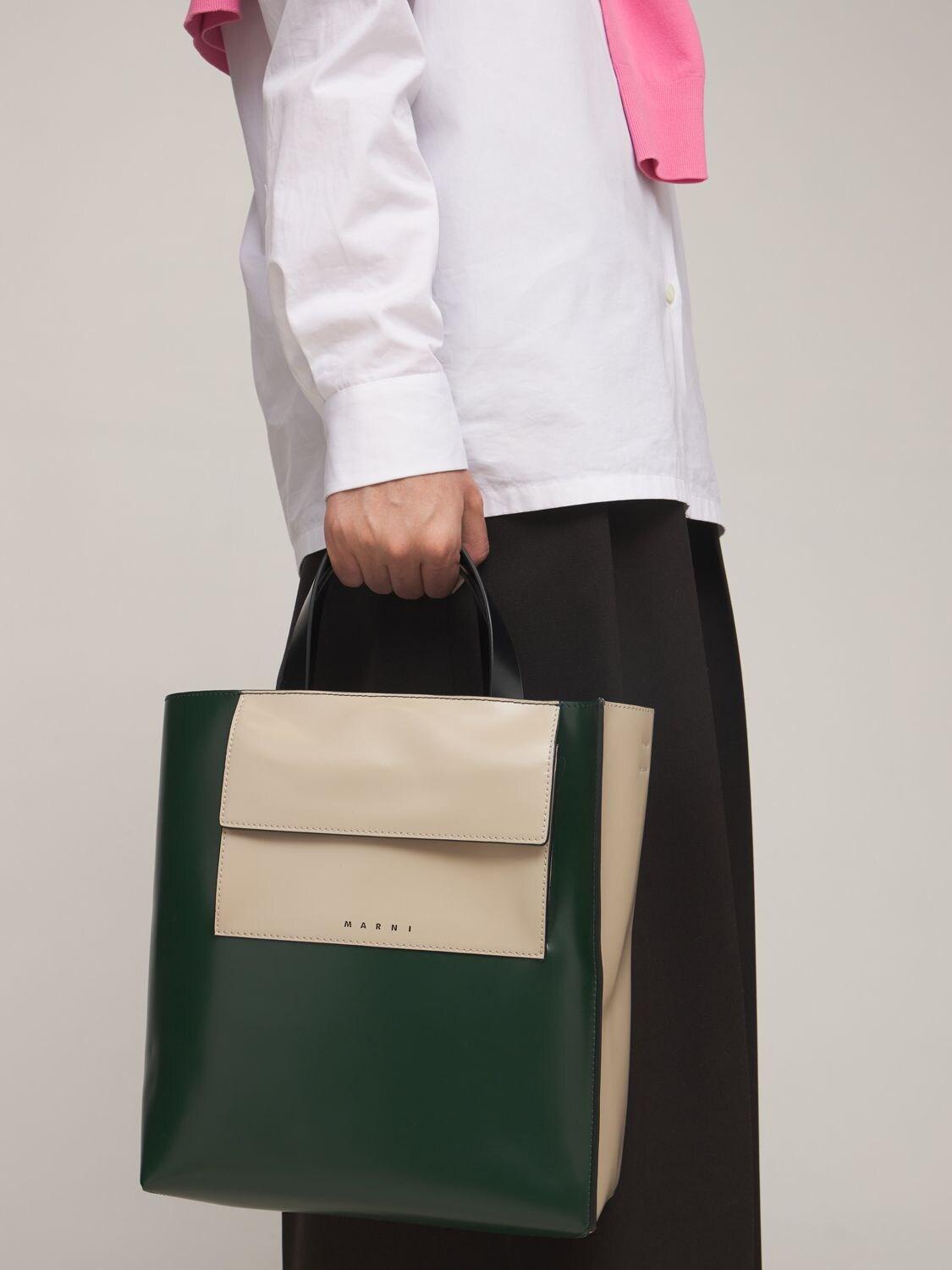 Marni Small Museo Leather Tote Bag W/pocket in Green | Lyst