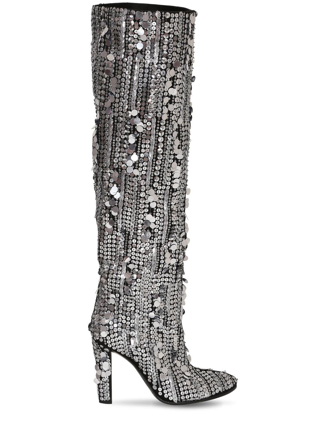 Alberta Ferretti Leather Sequins Knee-high Boots in Silver (Metallic ...