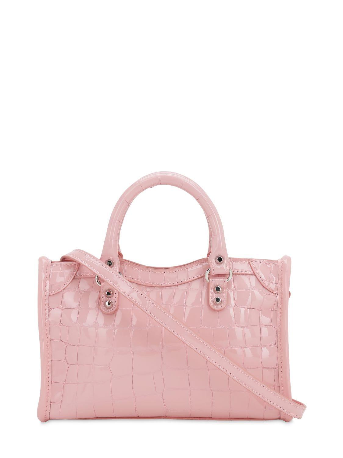 Balenciaga Nano City Croc Embossed Leather Bag in Pink