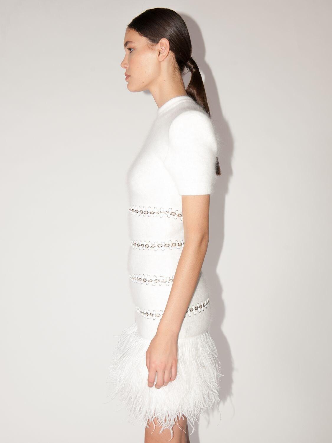 Balmain Angora Knit Dress W/chains & Feathers in White | Lyst