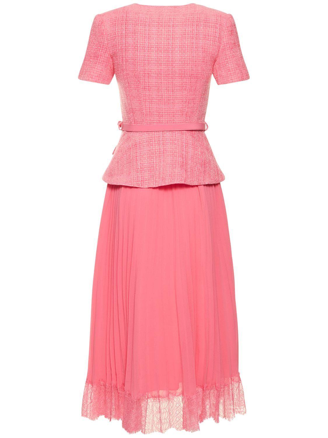 Self-Portrait Embellished Lace-trimmed Pleated Chiffon And Bouclé Midi  Dress in Pink | Lyst