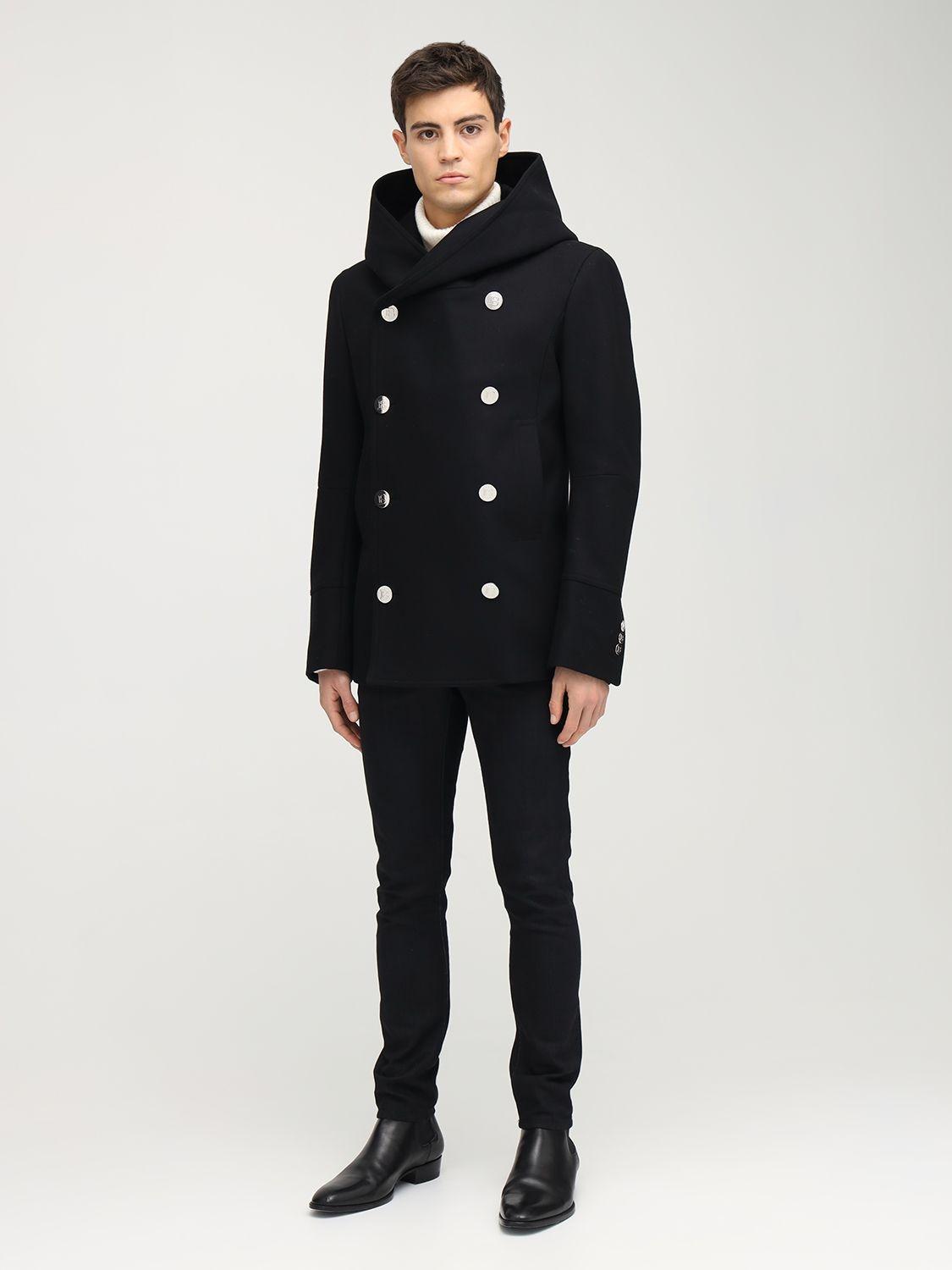 Balmain Hooded Wool Pea Coat in Black for Men | Lyst