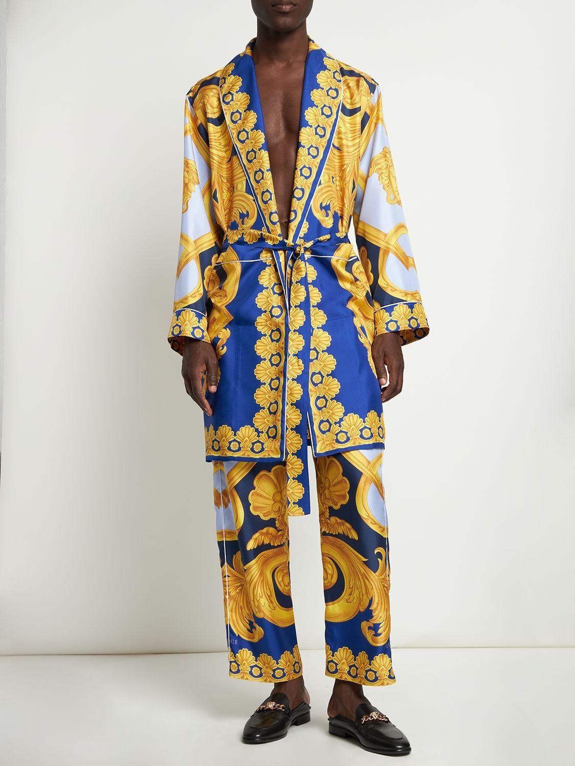 Versace New Heritage Print Silk Loungewear Robe in Blue for Men Lyst