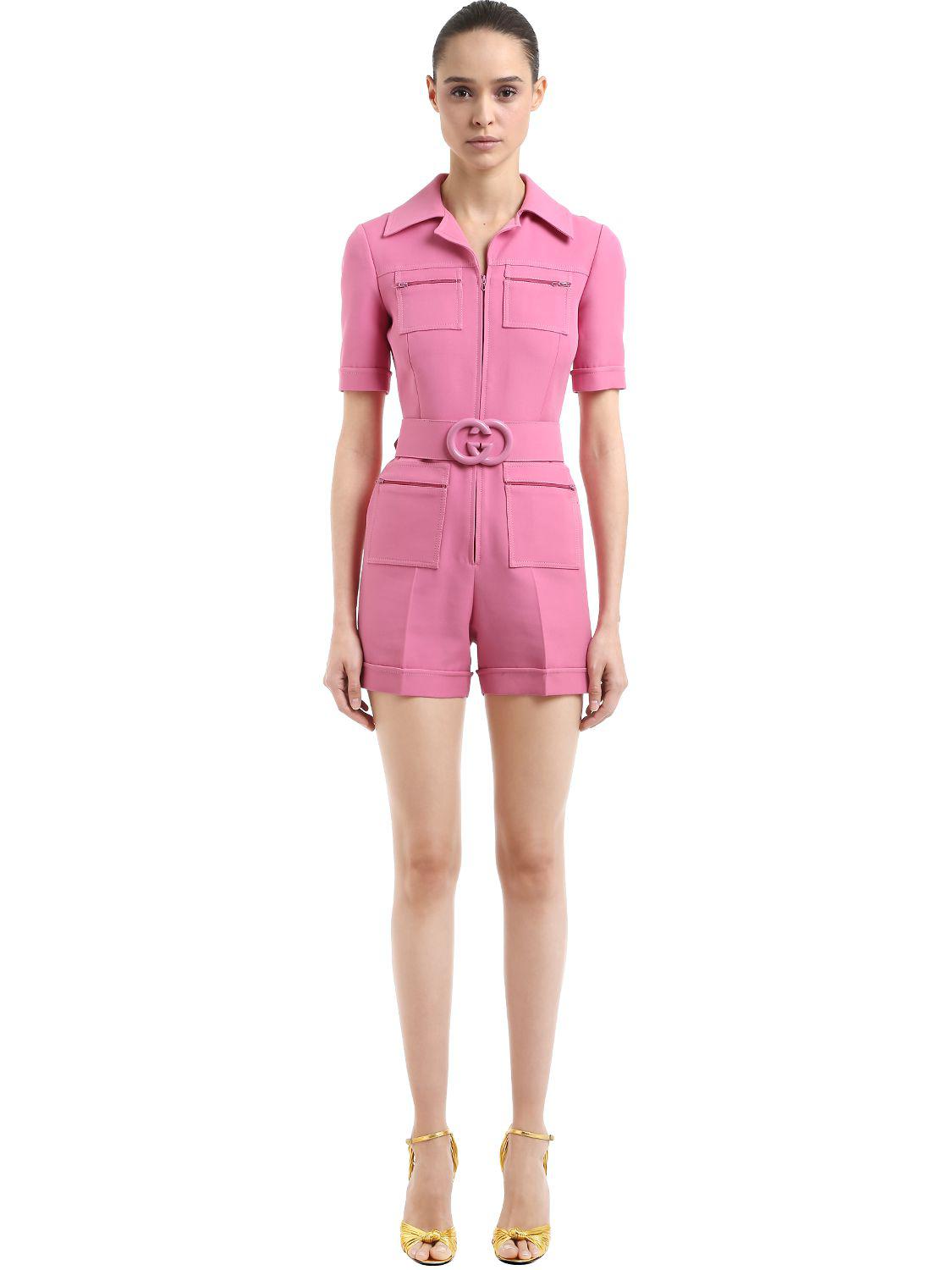 Gucci Wool & Silk Crepe Cady Romper W/ Gg Belt in Pink | Lyst