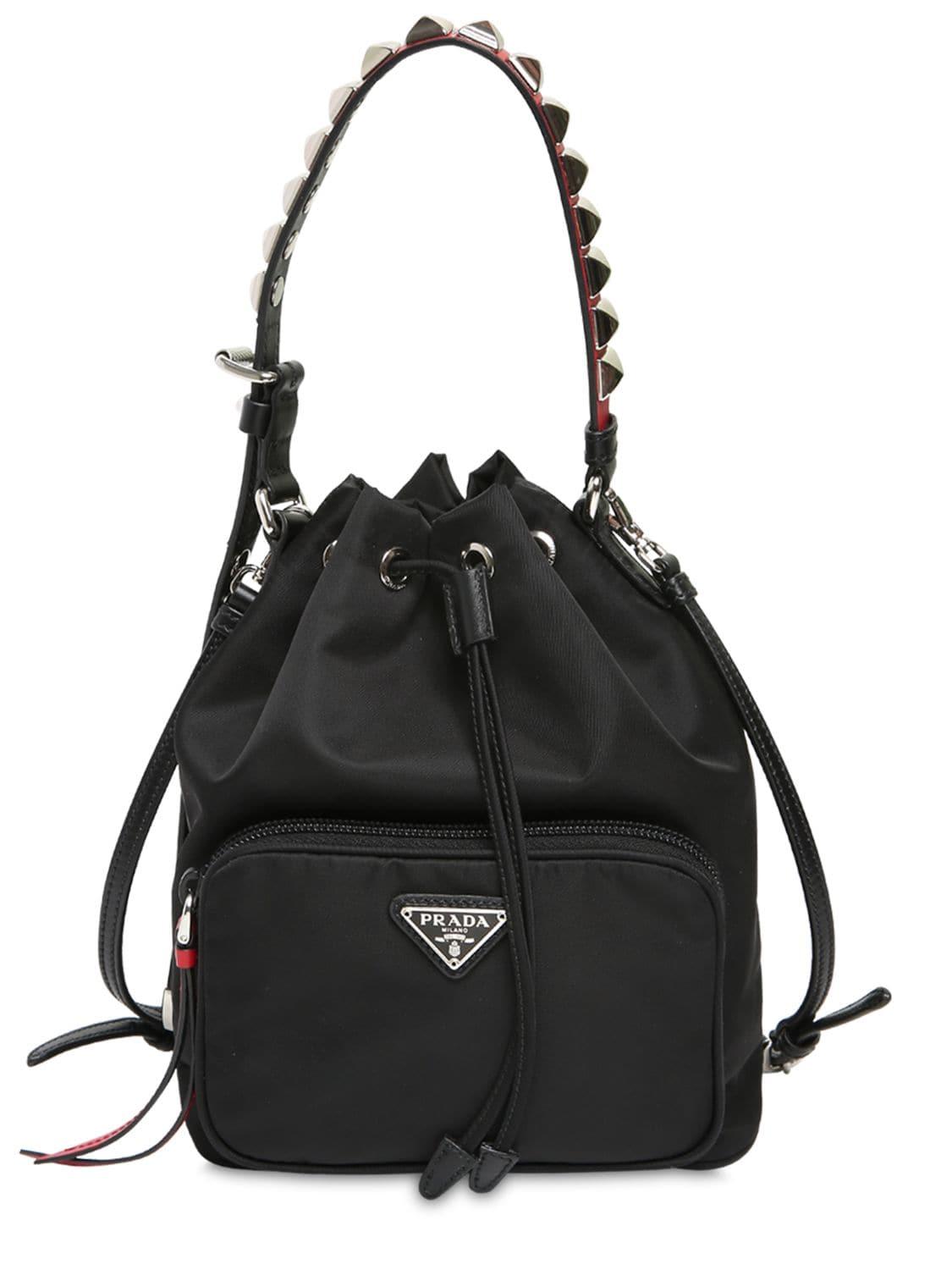 Prada Synthetic New Vela Nylon Bucket Bag W/ Studs in Black/Red (Black ...