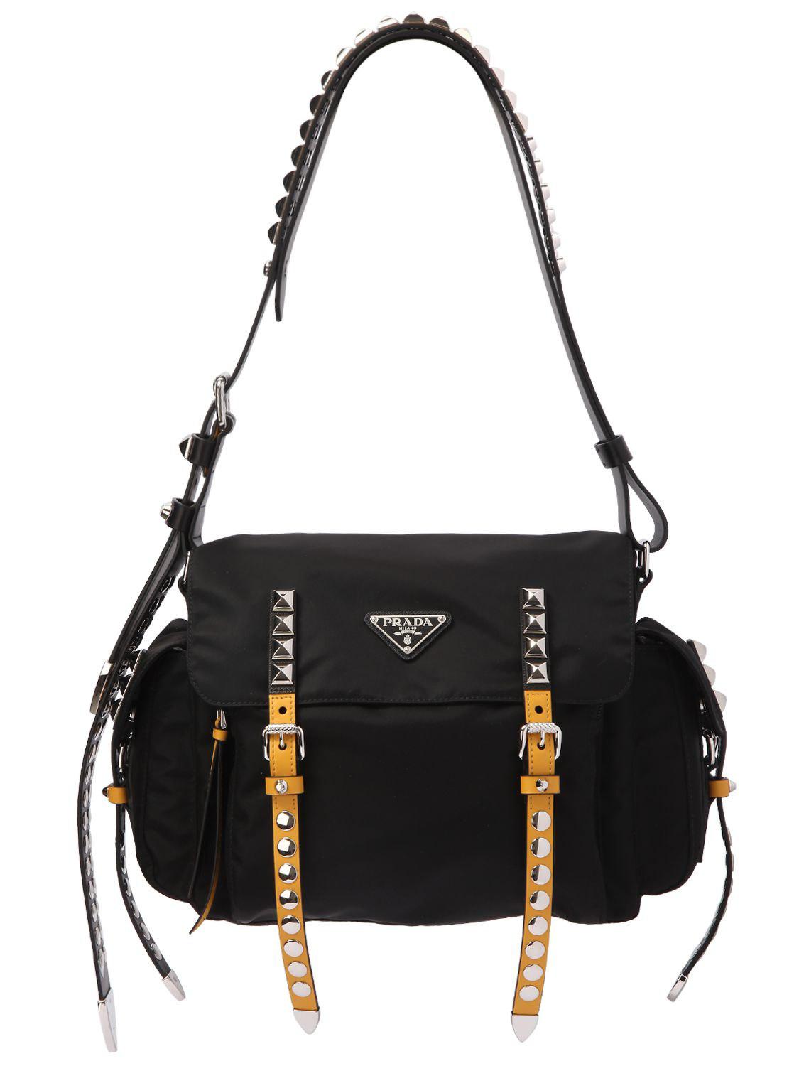Prada Synthetic Studded Nylon Messenger Bag in Black/Yellow (Black) | Lyst