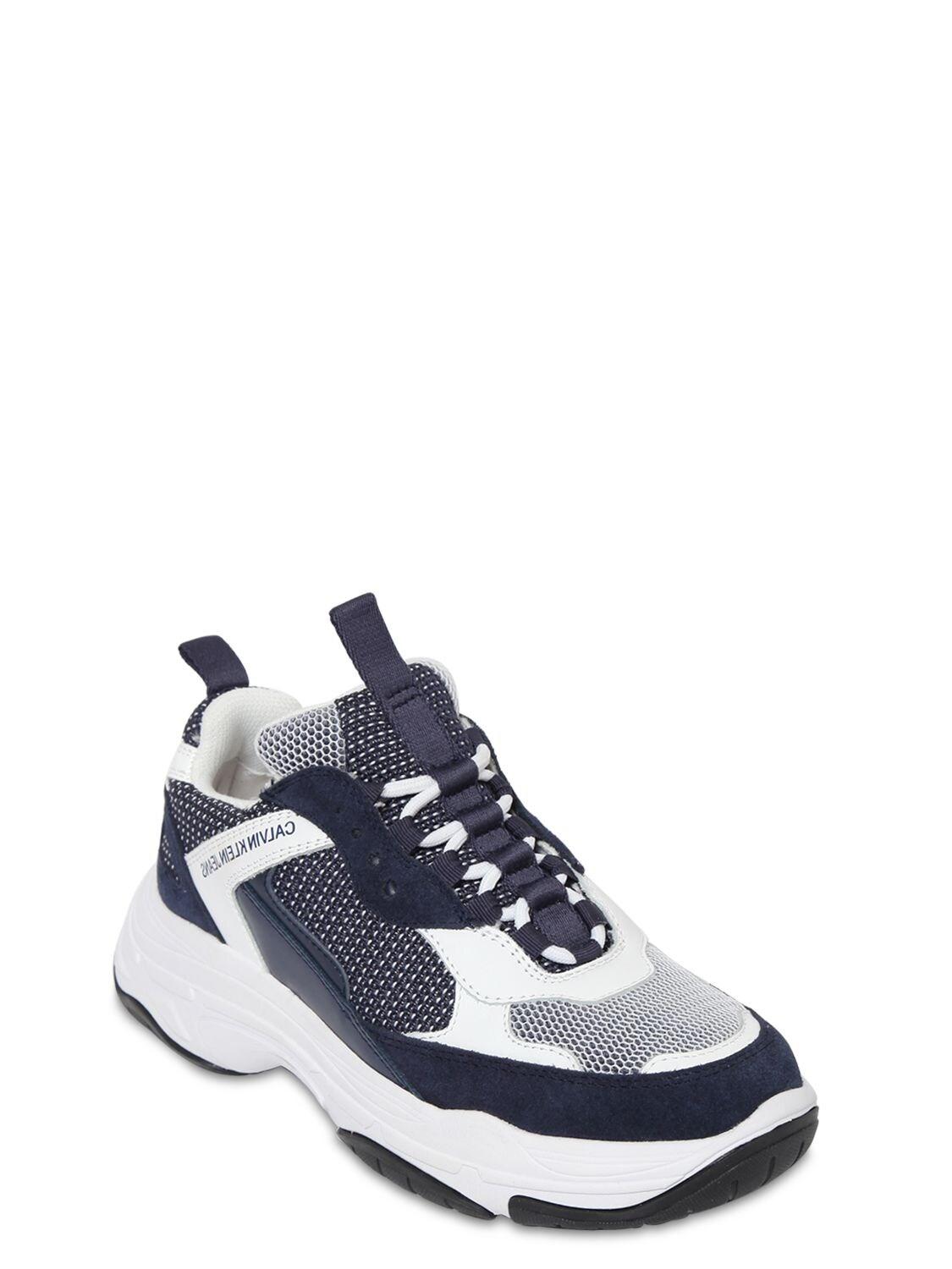 Calvin Klein 50mm Maya Mesh & Leather Sneakers in White/Navy (Blue) | Lyst