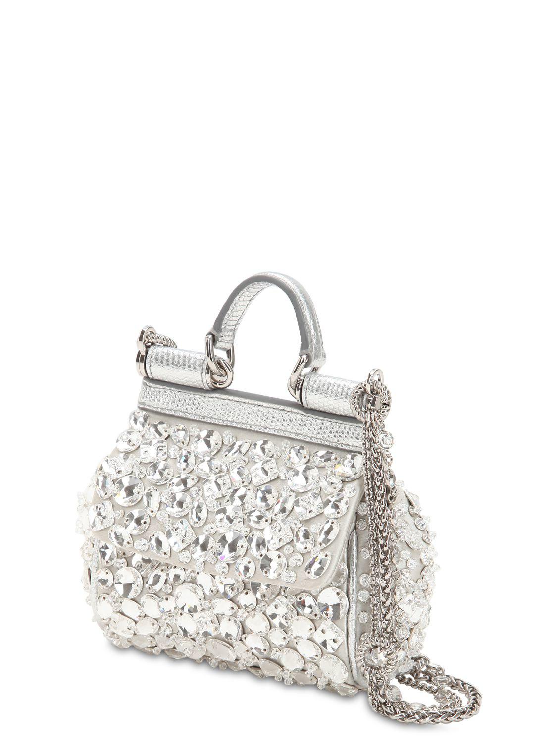 Dolce & Gabbana Leather Micro Sicily Crystals Embellished Bag in White ...