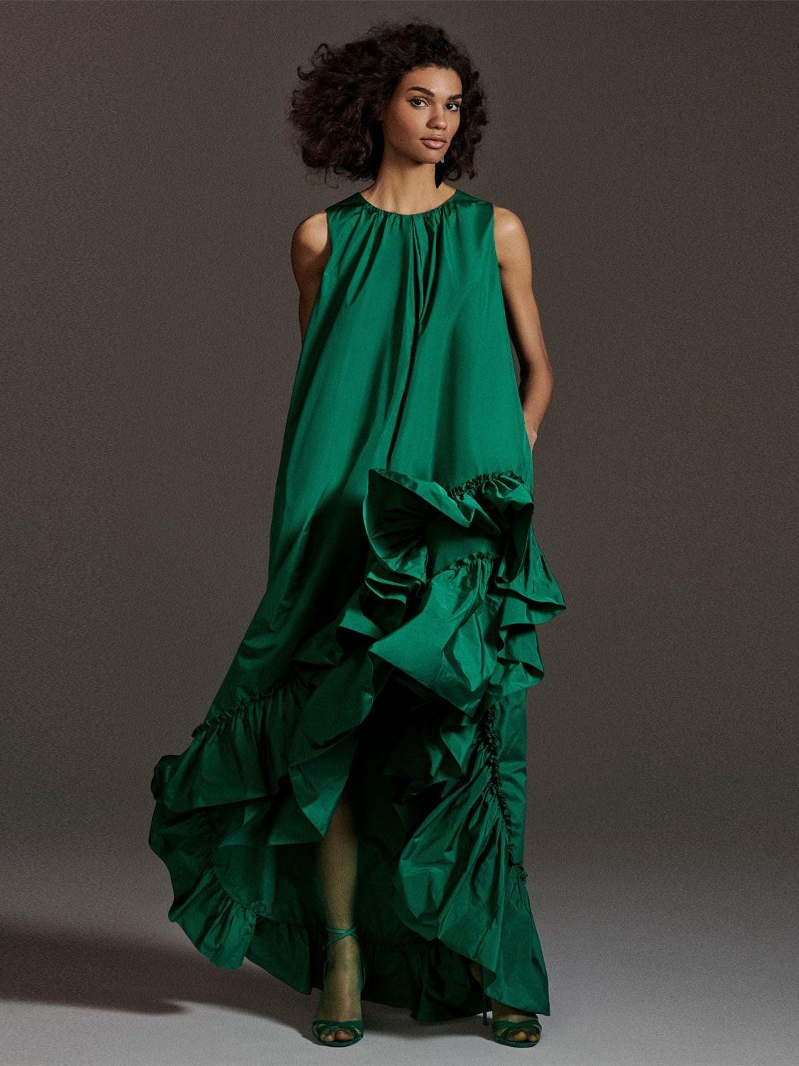 Max Mara Asymmetric Ruffled Taffeta Dress in Green | Lyst