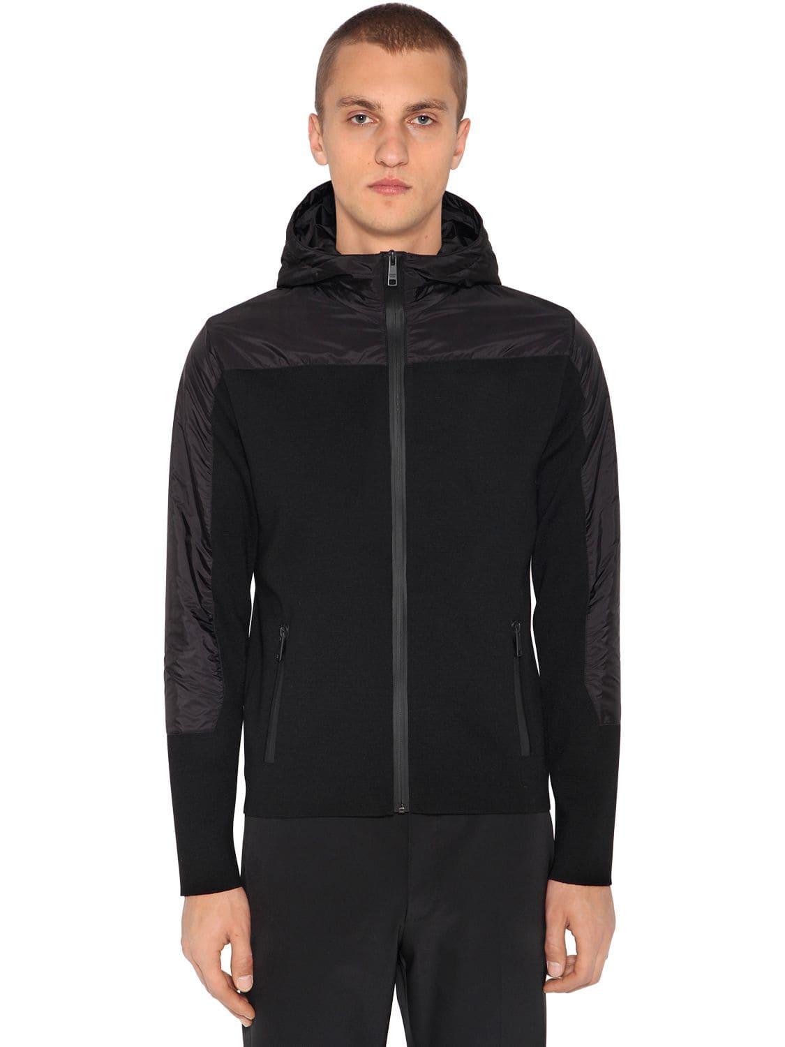 Prada Hooded Zip-up Wool Knit & Nylon Jacket in Black for Men | Lyst