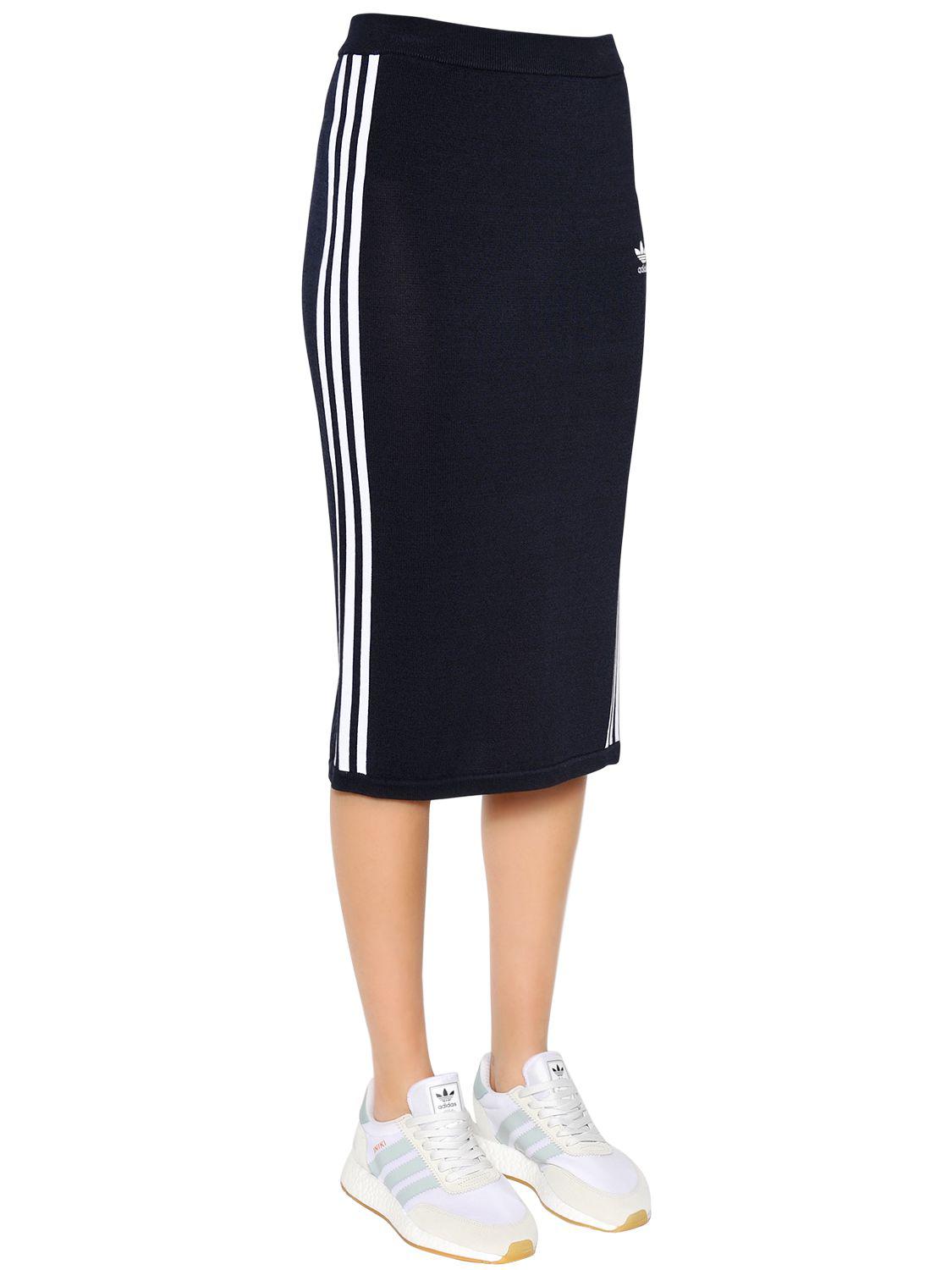 adidas Originals 3 Stripes Knit Midi Skirt in Blue | Lyst