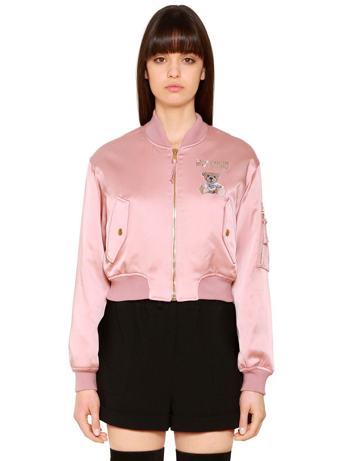 Moschino Envers Satin Bomber Jacket W/ Bear Patch in Pink | Lyst