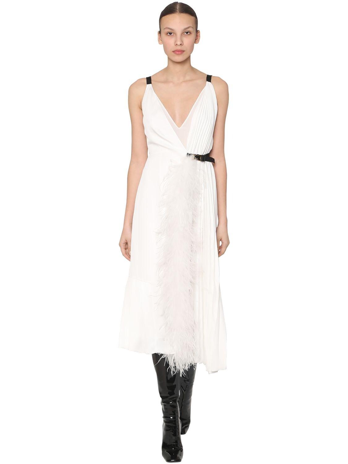 Prada Pleated Twill Wrap Dress W/feathers in White | Lyst