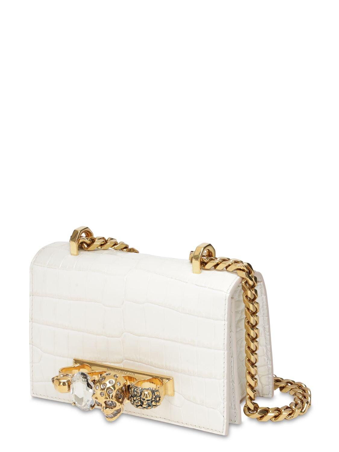 Alexander McQueen Mini Jeweled Croc Embossed Shoulder Bag in Ivory
