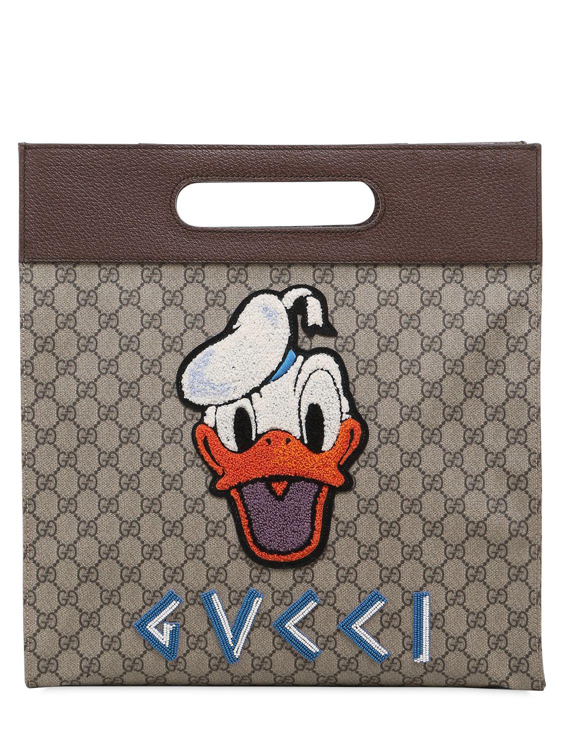 Gucci Leather Donald Duck Gg Supreme Medium Tote Bag in Beige/Brown