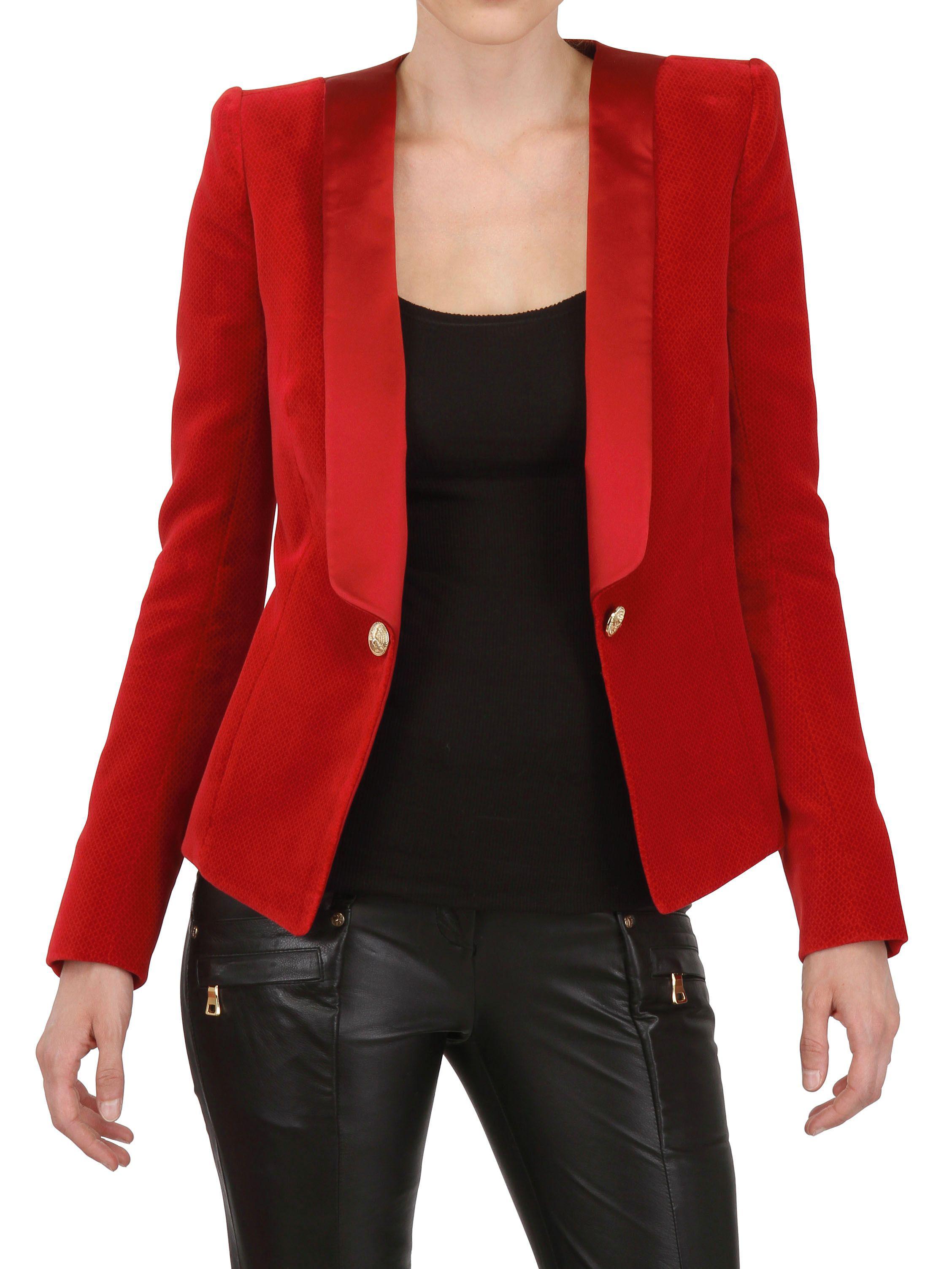 Balmain Silk Lapel Cotton Jacket in Red - Lyst