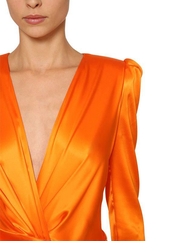 Alexandre Vauthier V Neck Draped Stretch Satin Dress in Orange | Lyst