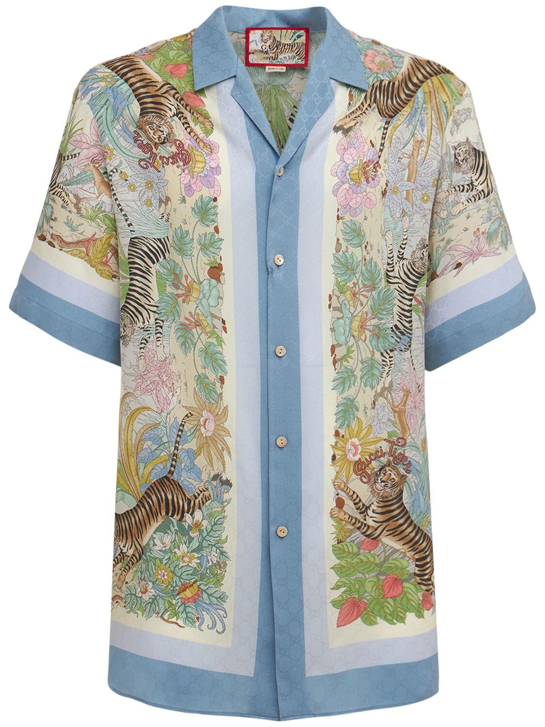Gucci Tiger & Flower Print Silk Shirt in Blue for Men | Lyst