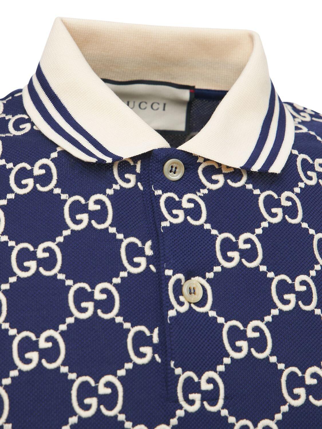 Gucci Gg Jacquard Stretch Cotton Polo in Blue for Men - Lyst