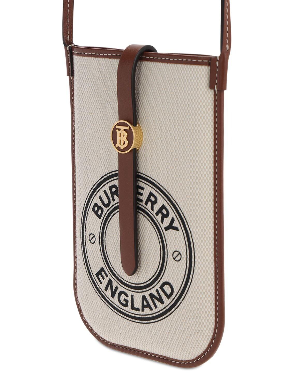 Burberry Canvas Anne Logo Cotton & Leather Phone Bag in White/Tan 