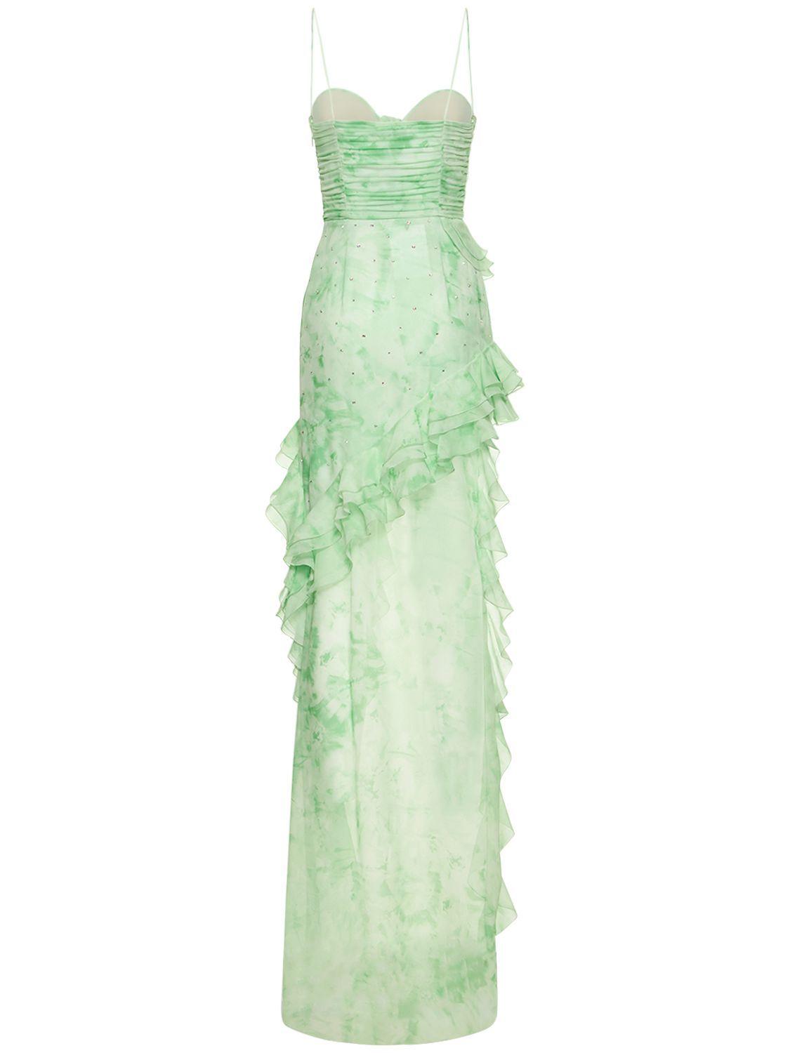 Alessandra Rich Embellished Printed Silk Georgette Dress in Green