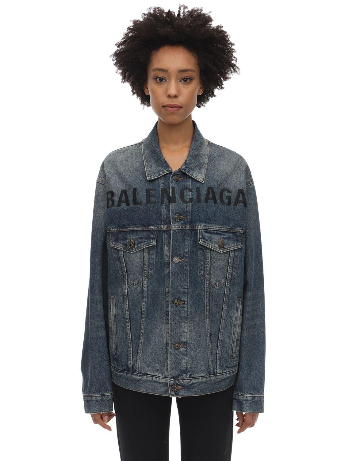 Balenciaga Embroidered Front Logo Denim Jacket in Blue | Lyst