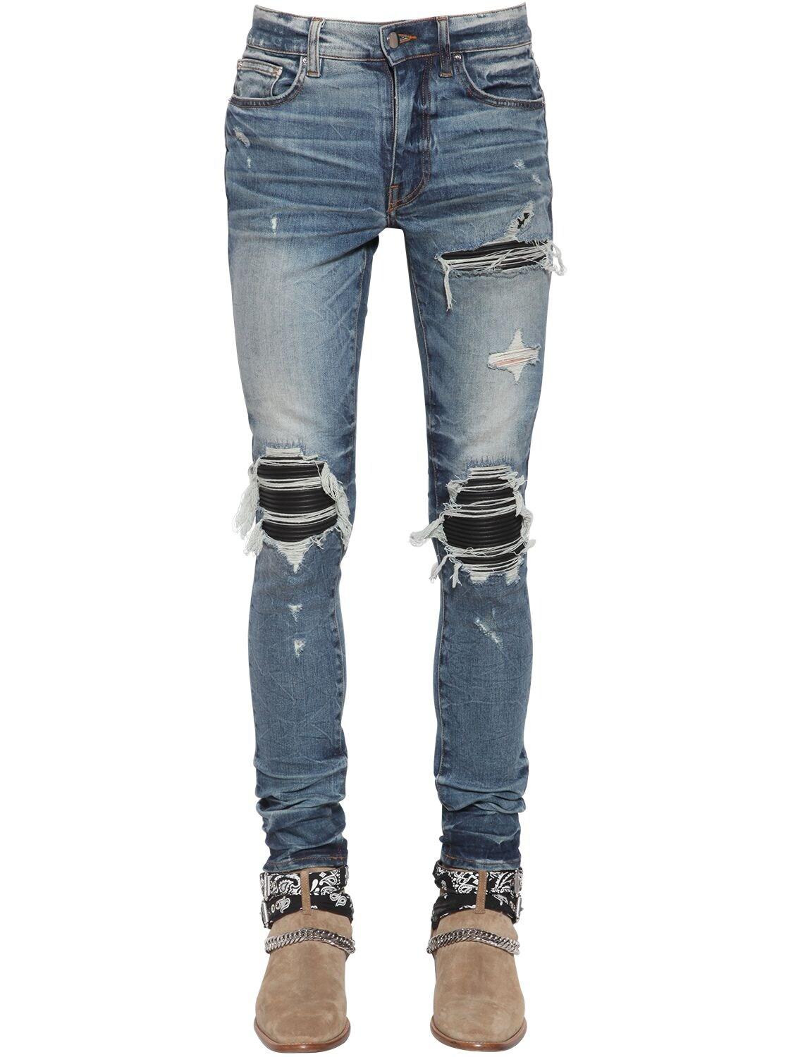 Amiri 15cm Mx1 Cotton Denim Jeans W/ Leather in Blue for Men - Lyst
