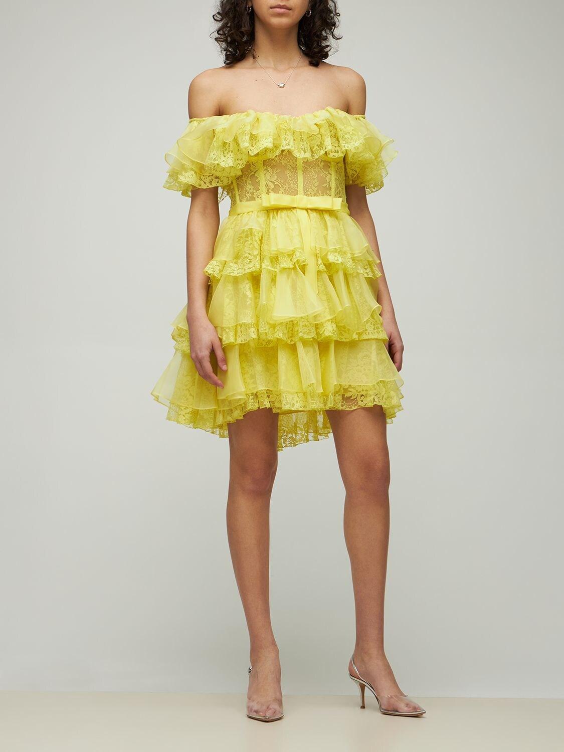 在庫有り Zuhair Murad シルク シルクオーガンザ レースコルセットミニドレス カラー イエロー クーポン10