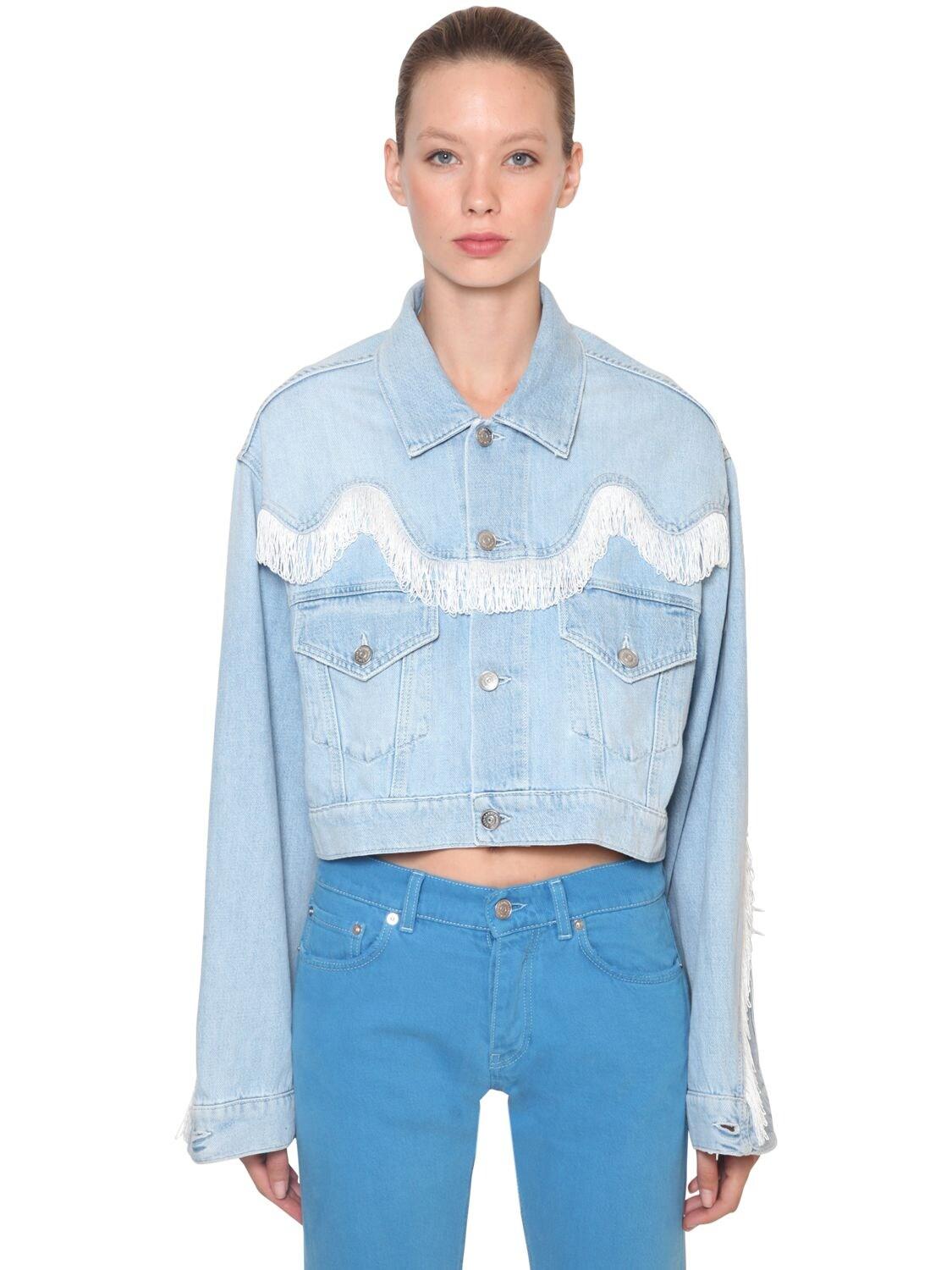 Ganni Sheldon Fringed Cotton Denim Jacket in Light Blue (Blue) | Lyst