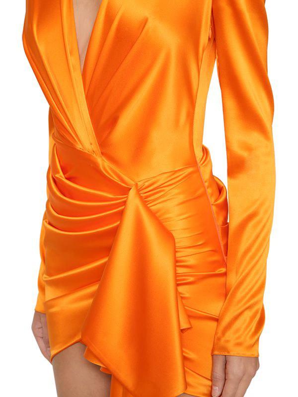 Alexandre Vauthier V Neck Draped Stretch Satin Dress in Orange | Lyst