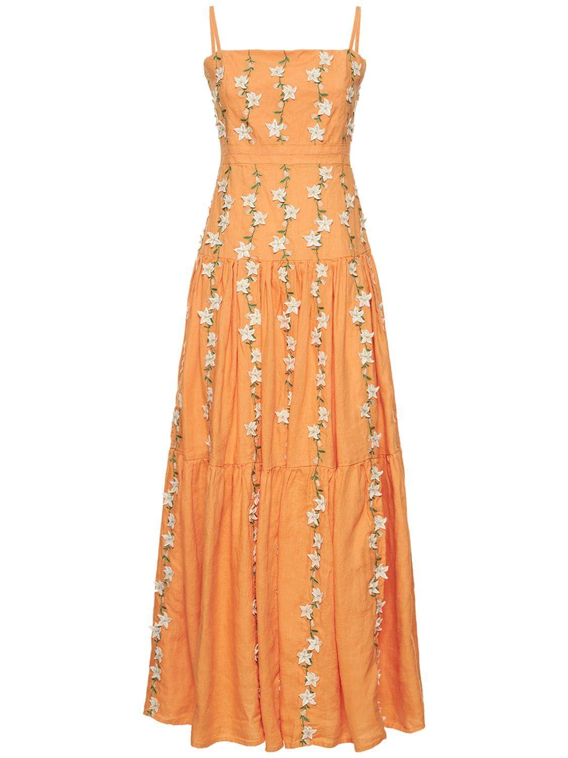 Agua by Agua Bendita Lima Embroidered Linen Maxi Dress in Orange | Lyst