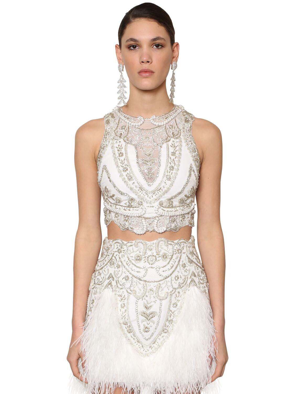 RAISA & VANESSA Embellished Lace & Velvet Crop Top in White | Lyst