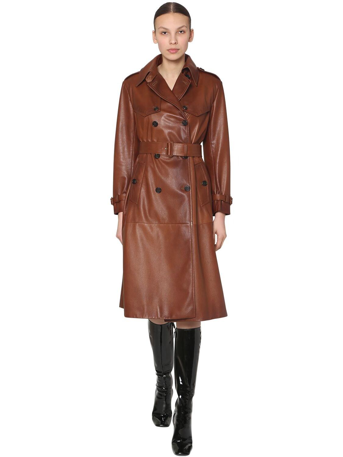 Prada Double Breasted Leather Trench Coat in Brown Lyst